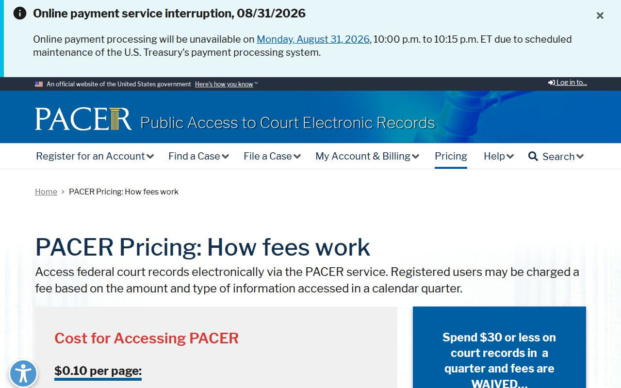 Muskingum County case search PACER fee information
