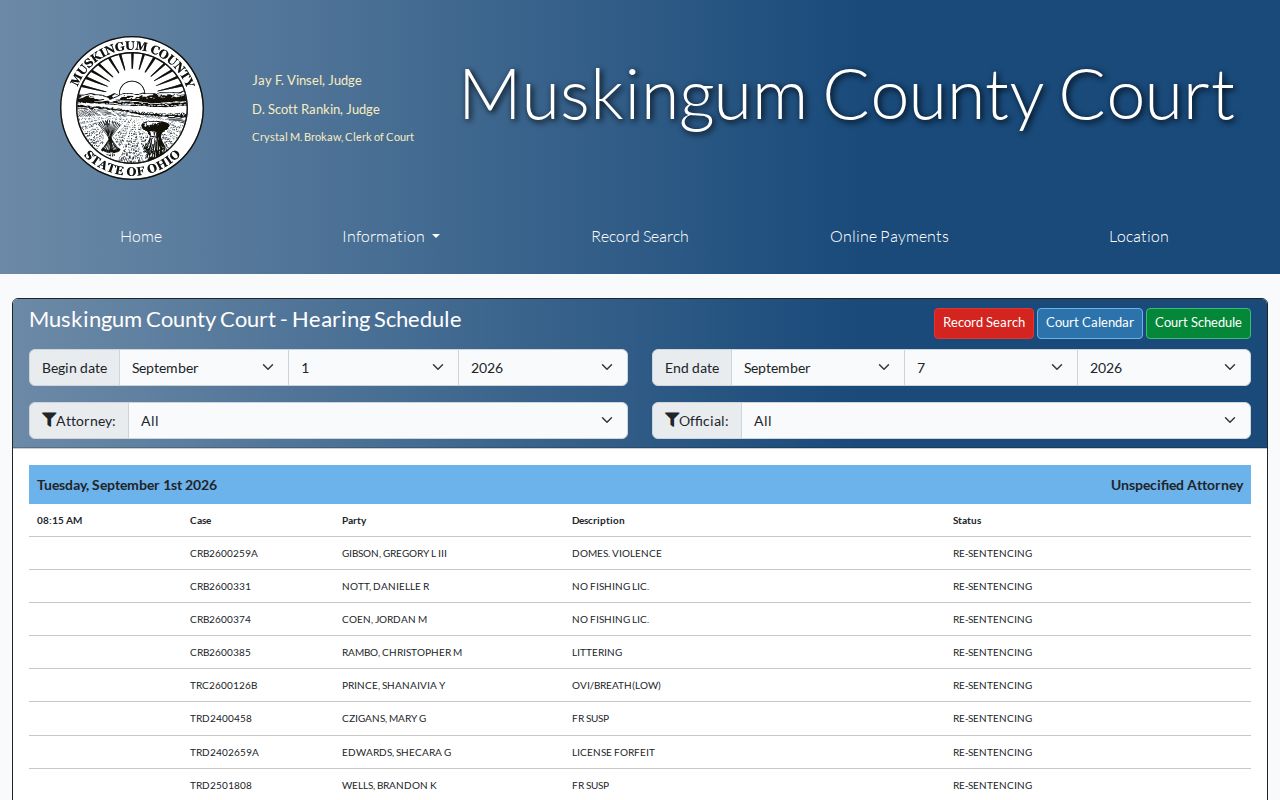 Muskingum County court calendar schedule filters