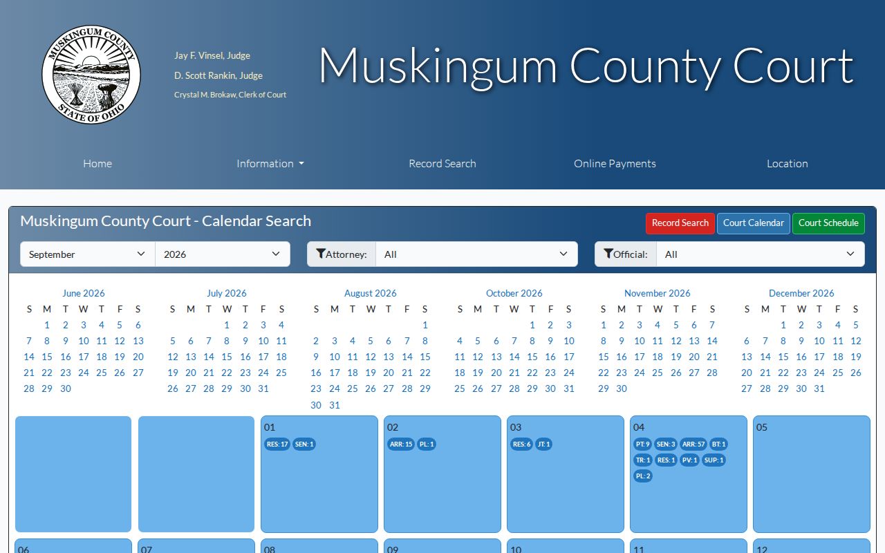 Muskingum County court calendar month view