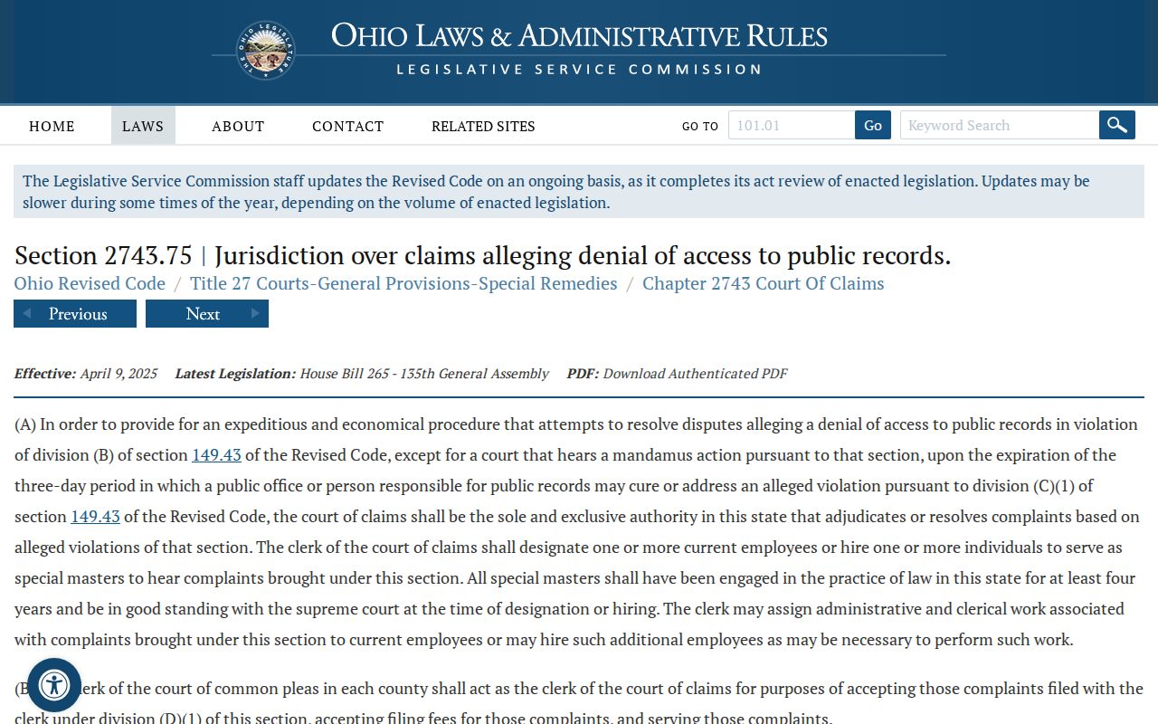 Muskingum County court records Ohio Revised Code 2743.75 page