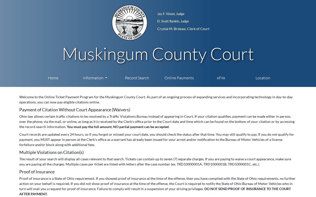 Muskingum County traffic court records County Court payment eligibility page