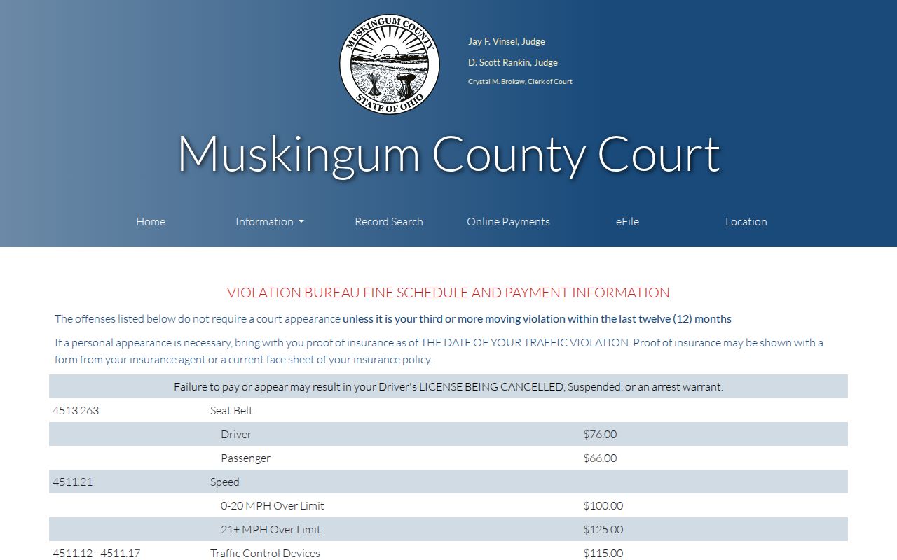 Muskingum County traffic court records County Court fine schedule page