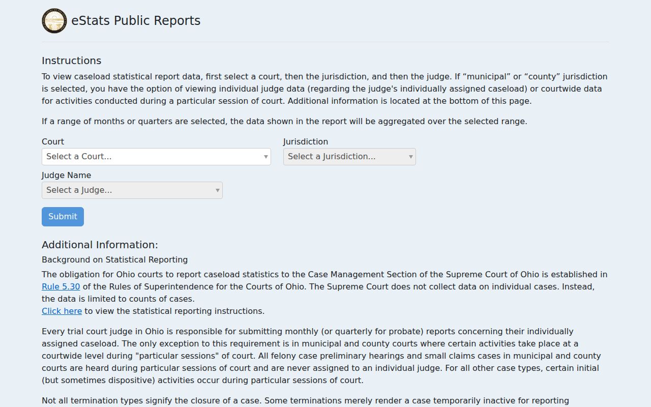 Muskingum County traffic court records Ohio eStats public statistics page